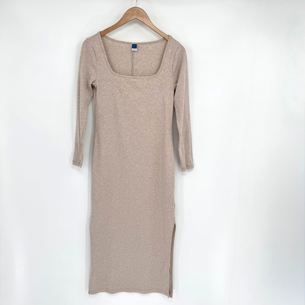 Old Navy Oatmeal Square Neck Ribbed Long Sleeve Midi Dress Women's Sz‎ M